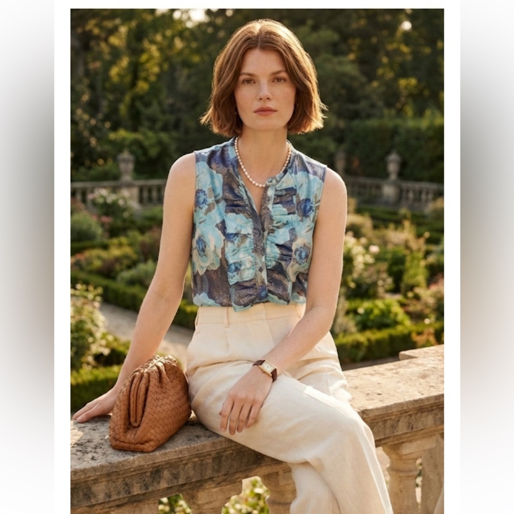 J Crew Ruffle-front top in floral-print jacquard Size S AJ284 NWT